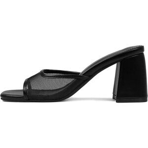 Women's Black Mesh Slide Sandals Square Open Toe Mules Chunky Heels Slip On